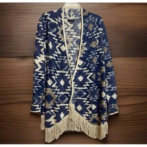 Lucky Brand Sweater Medium Blue Tan Brush Knit Open Cardigan Fringe Aztec Cozy